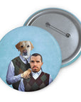 Custom personalized pin with a dog and human portrait in matching argyle sweaters.