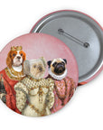 Custom royal renaissance pet portrait pin featuring a Cavalier King Charles, Maltese, and Pug.