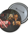 Custom Star Woofers pin featuring three pets as Star Wars characters, with a metal backing and safety clip.