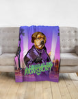 Personalized pet blanket with a Doggovinci portrait of a dog in a purple suit, "A Night At The Pawsbury" text.