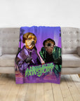Personalized 2 pet blanket with dog and pug in "A Night at the Pawsbury" movie poster style.