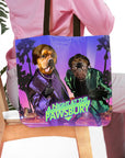 Personalized 2 pet tote bag with custom dog portraits in a "Pawsbury" movie poster style.