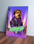 Custom pet portrait canvas featuring a dog in a purple suit with "A Night At The Pawsbury" text.