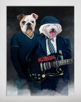 Personalized AC/Doggos poster featuring two pets as rock stars, one in a blue shirt, the other in a suit with a black guitar.