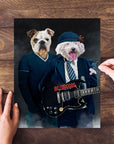 Personalized AC/Doggos 2 pet puzzle featuring a bulldog and a white fluffy dog playing guitar.