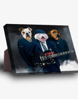 Personalized AC/Doggos 3-pet standing canvas featuring dogs in rock band attire, black background.