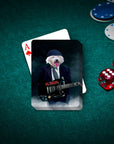 Custom AC/Doggos personalized playing cards featuring a dog in a suit playing guitar, on a green felt table with poker chips and dice.