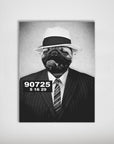 Black and white personalized dog poster featuring a pug in a fedora and pinstripe suit, with a mugshot number.
