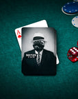 Personalized Al CaBone pet playing cards featuring a pug in a suit and fedora, on a green poker table.