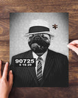 Personalized 'Al CaBone' pet puzzle featuring a pug in a fedora and pinstripe suit, black and white.