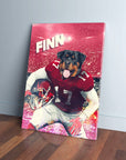 Personalized pet canvas featuring a Rottweiler in a red football uniform with "FINN" and number 17.