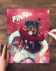 Personalized pet puzzle featuring a Rottweiler in a red football uniform at a stadium, with "FINN" above.