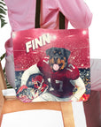 Personalized tote bag with a Rottweiler pet portrait in a football uniform, red stadium background, and "FINN" text.