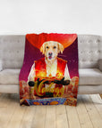 Personalized pet blanket with a Golden Retriever in an "Aladdin" style portrait, draped over a gray sofa.