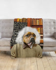 Custom pet blanket with a Doggovinci portrait of a dog as Albert Einstein, draped over a gray sofa.