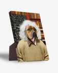 Personalized 'Albert Pawstein' pet portrait standing canvas featuring a dog with white hair and a tan sweater.