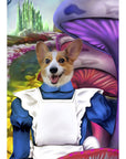 Custom digital portrait of a corgi in an Alice in Wonderland costume, surrounded by purple mushrooms.