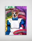 Personalized Alice in Doggoland poster featuring a corgi in a blue dress with white apron, surrounded by colorful mushrooms.