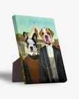Personalized 'American Pawthic' standing canvas featuring two pets as a classic art parody.