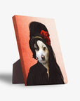 Personalized pet standing canvas featuring a white dog with black hair, red roses, and a black shirt on a peach background.