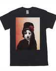 Black Gildan t-shirt with a personalized pet portrait of a white dog styled as Amy Winehouse.