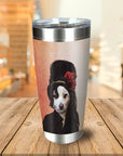 Personalized stainless steel tumbler with a custom dog portrait in a black beehive hairstyle with red roses.