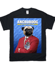 Black Gildan t-shirt with a personalized "Anchordog" design featuring a pug in a red suit holding a microphone.