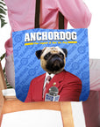 Personalized Anchordog tote bag with a pug pet portrait in a red suit, holding a microphone.