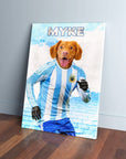 Custom pet canvas featuring a Nova Scotia Duck Tolling Retriever in an Argentina soccer uniform.