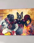 Two dogs in football uniforms on a personalized canvas with a fiery stadium background.