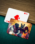 Personalized playing cards featuring two dogs in football uniforms with a fiery background, next to an Ace of Hearts.