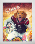 Personalized 'Arizona Doggos' matte poster featuring a dog in a red football uniform, holding a helmet, with "Chico" text.