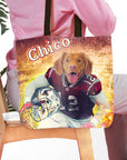 Personalized tote bag with a custom pet portrait of a dog in a football uniform.
