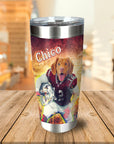Personalized stainless steel tumbler with a custom dog portrait in a football uniform, named "Chico.