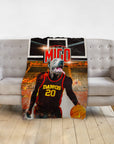 Personalized pet blanket featuring a dog's head on a basketball player's body in a stadium.