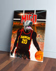 Personalized 'Atlanta Dawgs' pet canvas featuring a dog in a black and red basketball jersey, holding a glowing basketball.