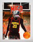 Personalized 'Atlanta Dawgs' pet poster featuring a dog in a black and red basketball jersey, dribbling an orange flaming ball.