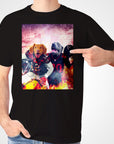 Black Gildan t-shirt with two personalized dogs in football uniforms, one golden, one grey, on a fiery background.