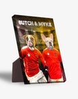 Personalized standing canvas featuring two pets as soccer players in red jerseys, with "BUTCH & MYKE" text.