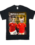Black Gildan t-shirt with two personalized dog portraits in red soccer jerseys, "BUTCH & MYKE" text.
