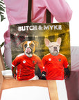 Personalized tote bag with custom dog portraits, "Butch & Myke," in red soccer uniforms.