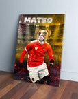 Personalized pet canvas featuring a dog in a red soccer uniform with "MATEO" above, on a yellow and red background.