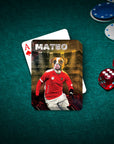 Personalized playing card featuring a dog in an Austria soccer uniform, named Mateo.