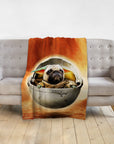 Personalized pet blanket featuring a pug in a Baby Yoda pod, with an orange background.
