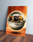 Personalized 'Baby Yodogg' canvas featuring a pug in a floating pod against an orange background.