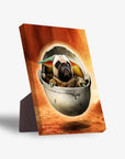 Personalized standing canvas featuring a pug as Baby Yodogg in a pod, against an orange sky.