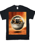 Black Gildan unisex t-shirt with a personalized pug in a "Baby Yoda" pod design.
