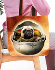 Personalized "Baby Yodogg" tote bag featuring a custom pug pet portrait in a pod.