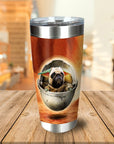 Personalized stainless steel tumbler with a custom pug pet portrait in a "Baby Yoda" style.