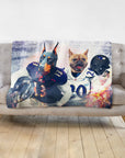 Personalized minky blanket with two custom pet portraits: a Doberman and French Bulldog in football uniforms.